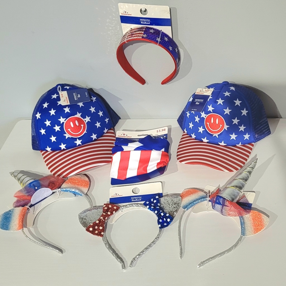 7 Pieces!! USA Patriotic Stars and Stripes Accessories Hats, Headbands